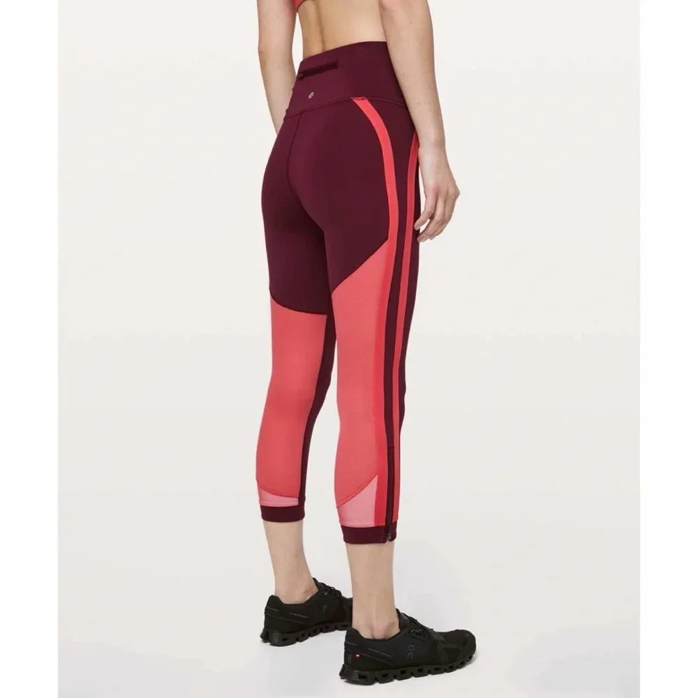 Lululemon Zip The Line Crop Leggings *23 in Deep Ruby / Poppy Coral